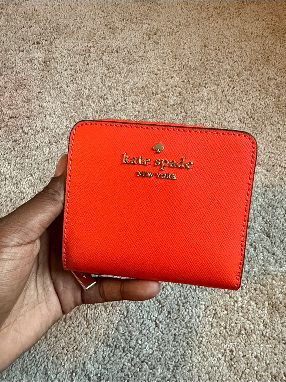 kate spade bright orange saffiano zip-around wallet